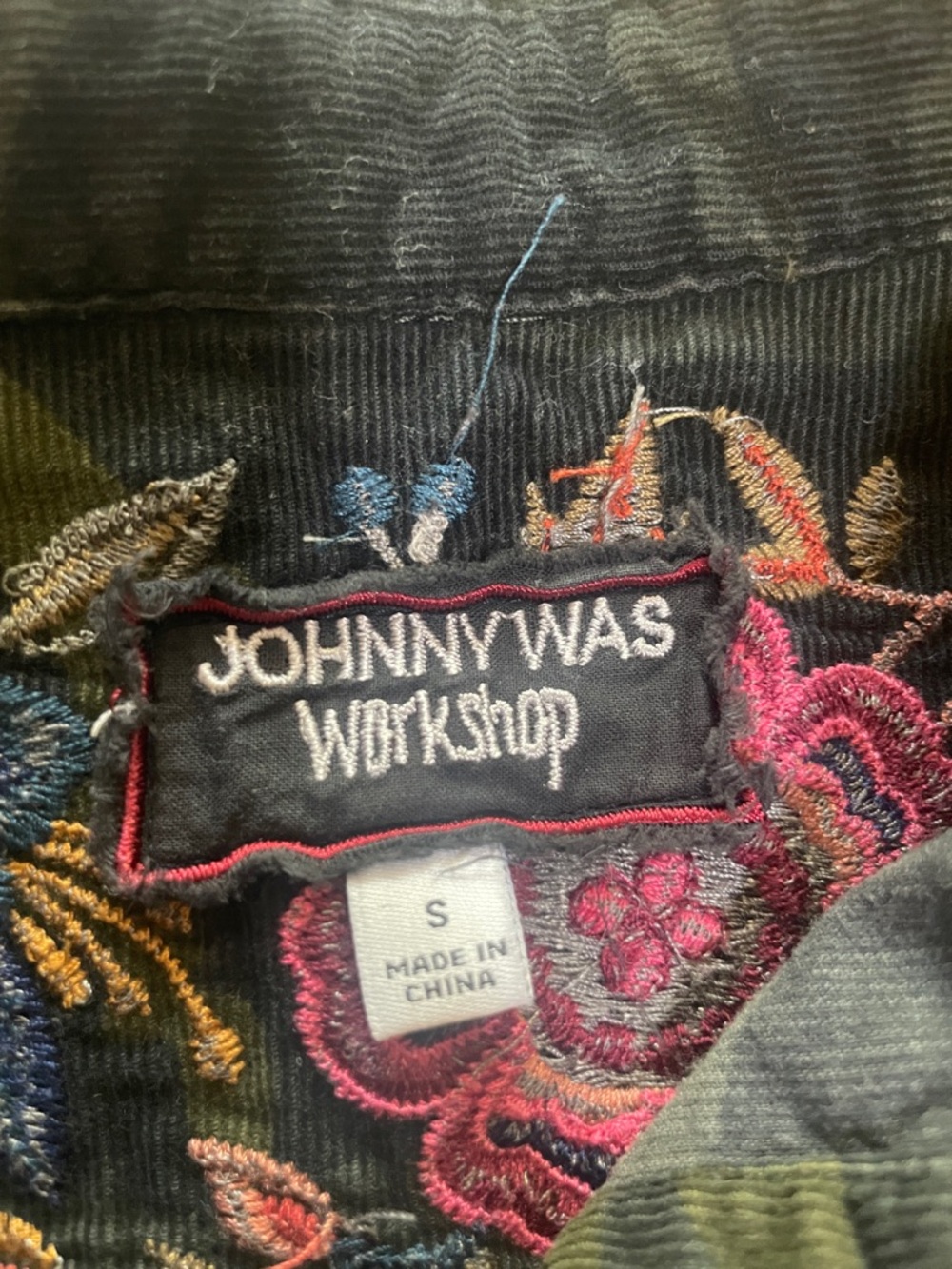 Johnny Was Dark Green corduroy Camo Button-Down Shirt dress w Floral Embroidery - Picture 2 of 7